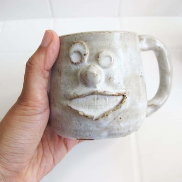 Vintage Studio Pottery Funny Face Mug - Irregular Hand Thrown Smiling Face Coffee Mug - Quirky Friend Gift 