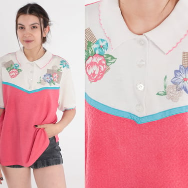 Floral Polo Shirt 90s Top White Pink Color Block Flower Print Collared Short Sleeve Blouse Quarter Button up Summer Vintage 1990s Medium M 