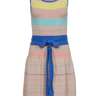 Shoshanna - Nude &amp; Pastel Knit Stripe Fit &amp; Flare Dress w/ Tie Sz S