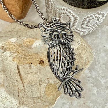 Owl Pendant Necklace, Cut Out Design, Pewter Tone Metal, Silvertone Metal, Statement Piece, 60s 70s Vintage 