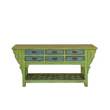 Distressed Lime Green 6 Blue Drawers Open Pedestal Sideboard Console Cabinet cs7823E 