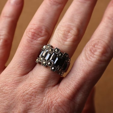 Vintage Marcasite Ring / Antique Style Hematite Ring / Sterling Silver Size 7 1/2 