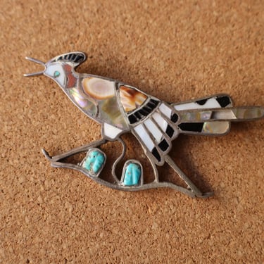 Roadrunner Brooch / Mid Century Stone Inlay Bird Pin / Large Vintage Southwest Desert Pin 