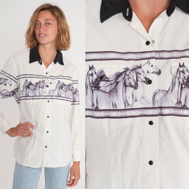 90s Western Pearl Snap Shirt White Button up Rodeo Cowboy Shirt Long Sleeve Black Collared Westernwear Vintage 1990s Medium 