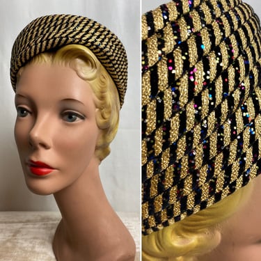 50’s vintage hat pillbox small tam fascinator sparkly glitter striped Mod gold black colorful iridescent metallic 