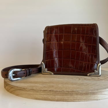 Brighton 90s Brown Genuine Leather Silver Tipped Square Western Shoulder Bag 