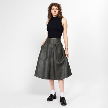 Medium Y2K Olive Green Leather Midi Skirt 28