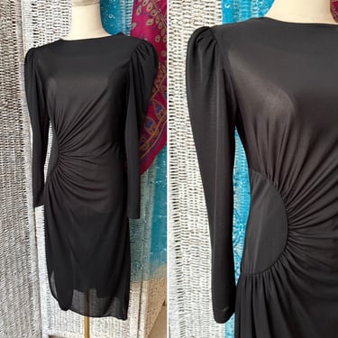 Glam 80s Dress, Ruched, Tapered Fit, Cocktail, Draped, LBD, Vintage 