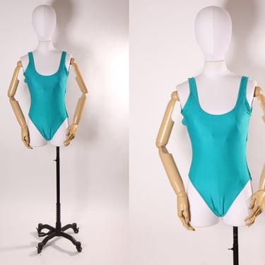 1980s Turquoise Blue Ribbed Textured One Piece Swimsuit by Active Elements -M 