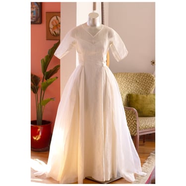 Vintage Wedding Dress - 1950s, 1960s - Lace, Long Train - Modest, Classic 