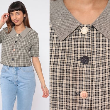 Checkered Crop Top 90s Button up Shirt Short Sleeve Collared Blouse Check Print Preppy Summer Boho Retro Vintage 1990s jessica howard Medium 