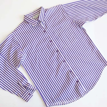 80s Purple Striped Button Up Shirt S M  - Vintage 1980s Womens Collared Striped Button Down Oxford Blouse - Preppy Shirt 