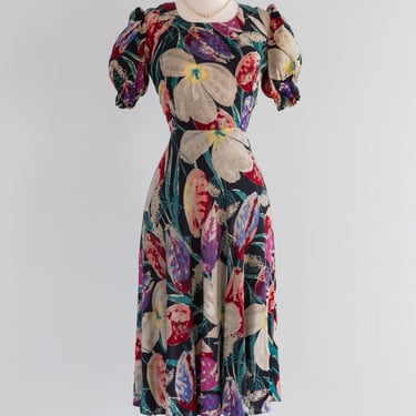 Beautiful 1940's Rayon Floral Print Day Dress / Medium