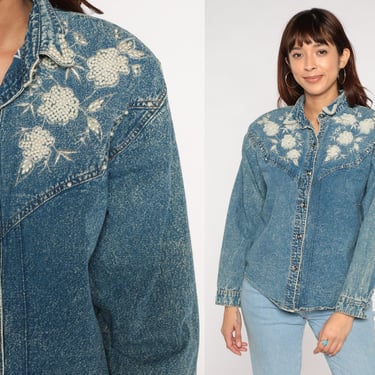 Floral Western Shirt 90s Denim Pearl Snap Acid Wash Jean Beaded Flowers Long Sleeve Button up Top Rodeo Blouse Blue Vintage 1990s Large L 