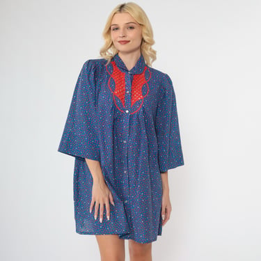 70s Lounge Dress Apple Print Models Coat Mini Blue Puff Sleeve Pajama Boho Hippie Cutwork Bib 1970s Button Up Vintage Medium Large 