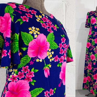 Vintage Hawaiian Muumuu Dress Tiki Floral Midi Maxi Pink Flutter Sleeves Hawaii Hibiscus Luau Short Sleeve Small Medium 1980s 