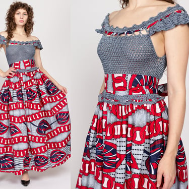 Sm-Med Vintage Crochet Ankara Print Maxi Sundress | Blue Grey Red Cotton African Wax  Print Boho Fit & Flare Dress 