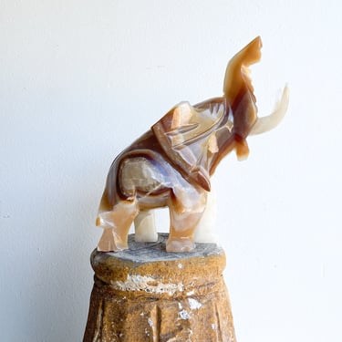 Vintage Marble Onyx Elephant Statue Hand Carved Stone Large Shelf Decor Tusks African Asian Chinoiserie Natural Decor Cream Tan Mid Century 