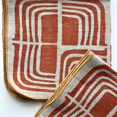 Modern Abstract Hand Printed Napkins, Linen, Orange Rust 