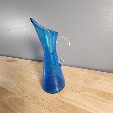 Blue Crackle Glass Pitcher Vase 12" Tall 