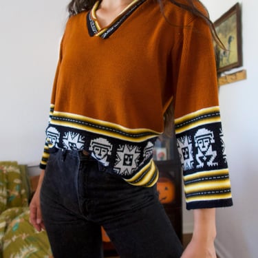 Vintage 70's Ecur Unique Knitted Patterned Sweater 