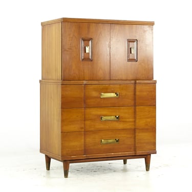 John Widdicomb Mid Century Walnut and Brass Highboy Dresser - mcm 