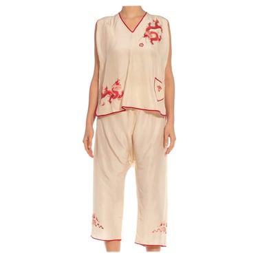1920S Cream  Red Hand Embroidered Silk Chinese Five-Clawed Dragon And Flaming Pearl Pajamas 