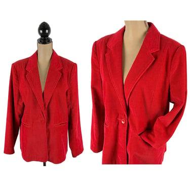 Red Corduroy Blazer Jacket, Boxy Oversized Fit, Office Work Casual Preppy Winter, 90s Y2K Vintage Clothes for Women - Large to XL 