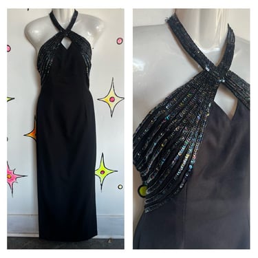 Vintage 90s Y2K | Navy Embellished Full Length Formal Dress with Slit | Size M 