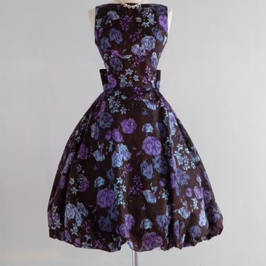 Fabulous 1950's Midnight Floral Print Bubble Skirt Party Dress / SM