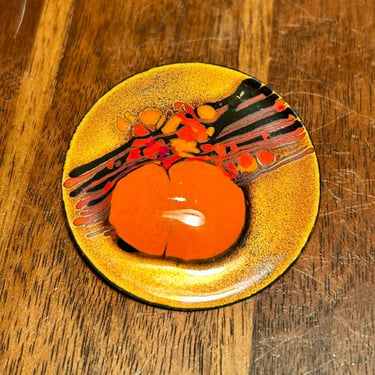 Enameled  Copper Metal Art Brooch Pin Orange Enamel Vintage Handmade Jewelry 