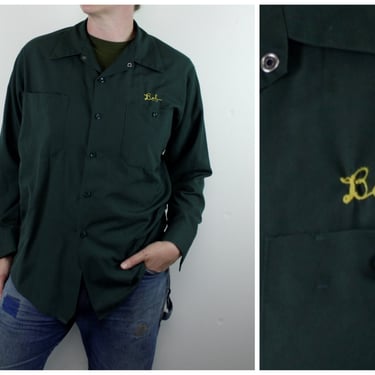 Vintage 70s Long Sleeve Uniform / Workwear Shirt - Embroidered Cursive name "Bob" - Medium 