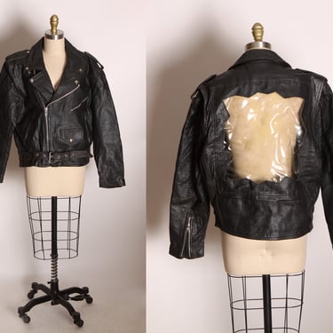1980s Black Leather Zippered Long Sleeve Clear Vinyl Cut Out Back Motorcycle Jacket -L 