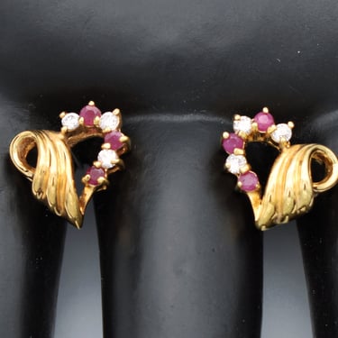 60's ruby & cubic zirconia gold plate puffy heart studs, abstract ribbon bling sweetheart earrings 