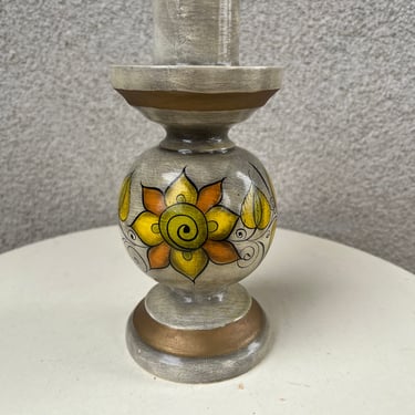 Vintage Mexican wood painted candle holder or lamp base by Ser Mel Mexico Tonala Jal 