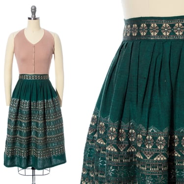 Vintage 1960s Skirt | 60s Metallic Woven Forest Green Cotton Lurex High Waisted Full Swing Skirt (small) 