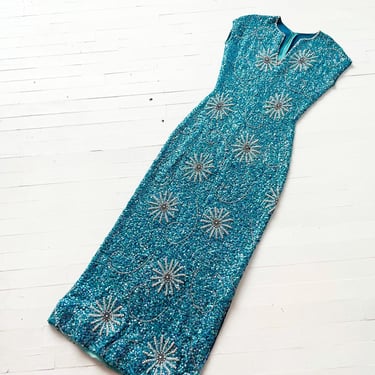 1960s Gene Shelly Turquoise Wool Sequin Gown – Pearl Beaded Starburst Evening Dress, XS/S Vintage 