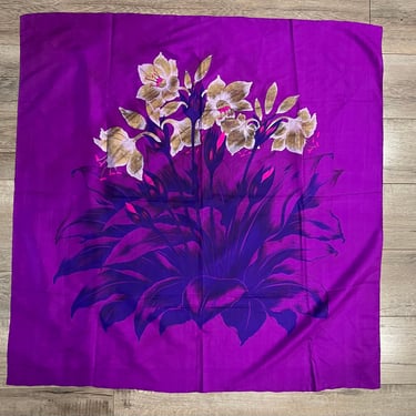 Vintage boho purple square scarf hand painted lily flowers size 36” 
