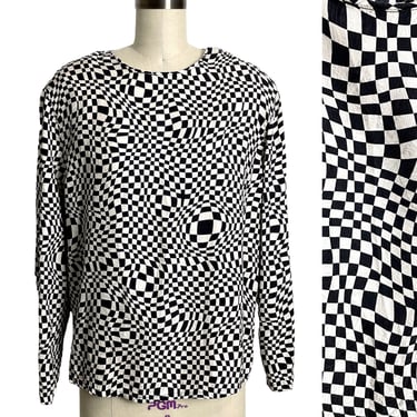 1980s vintage op art black and white silk blouse - size 12 