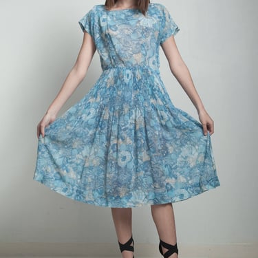 vintage 50s day dress blue watercolor floral print micro pleated LARGE L 