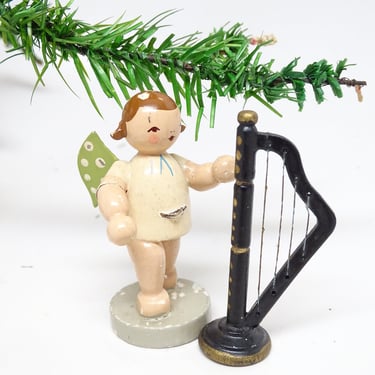 Antique German Erzgebirge Wooden Angel with Wings Playing Harp, Vintage KUHNE  Christmas Toy 