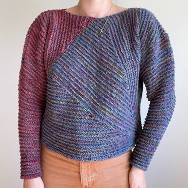 Hand Knit Womens Cotton Blend Reversible Hippie Blue Red Lagenlook Sweater Sz M 