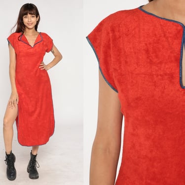 Red Terry Cloth Dress 70s High Side Slit Long Dress Maxi Dress Hippie Boho 1970s Bohemian Vintage Terrycloth Keyhole Cap Sleeve Small S 