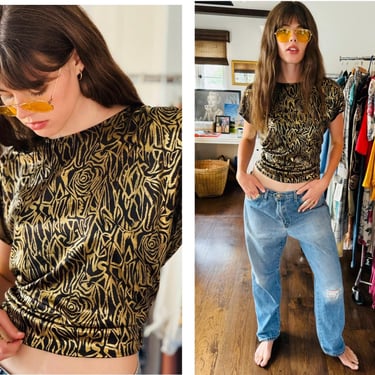 70s 80s Slinky Metallic Party Top Liquid Gold Blouse S M 