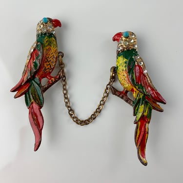 1930's-40's Parrot Brooch - Double Parrot Pin with Chain - Colorful Hand Painted Details - Rhinestones - Coppertone Metal 