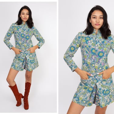 Vintage 1960s 60s Thick Cotton Autumnal Fall Colors Floral Psychedelic Print Long Sleeve Zip Up Romper Jumpsuit Playsuit 
