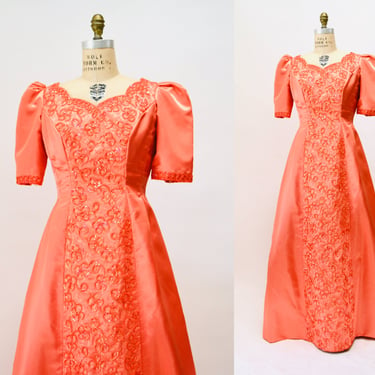 80s Prom Dress Ball Gown Sequin Princess Dress Size Large Peach Salmon Coral // Vintage 80s Coral Sequin Party Pageant Dress Mike Benet 