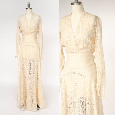 1930s Gown Champagne Lace Sheer Full Length S tall 