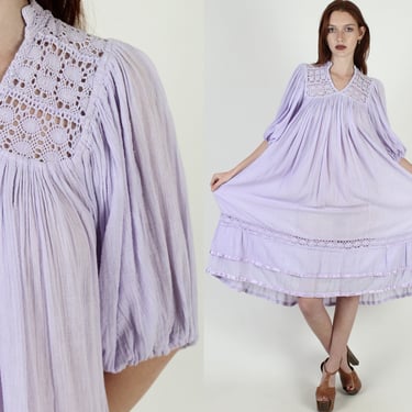 Lilac Gauze Mexican Dress / Thin Sheer Poet Sleeve Cotton Dress / Crochet Lace Beach Cover Up Dress / Vintage Mexican Festival Midi Dress 