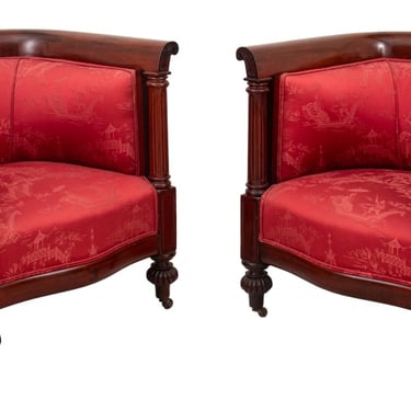 Edwardian Mahogany and Red Silk Tub Chairs, Pair